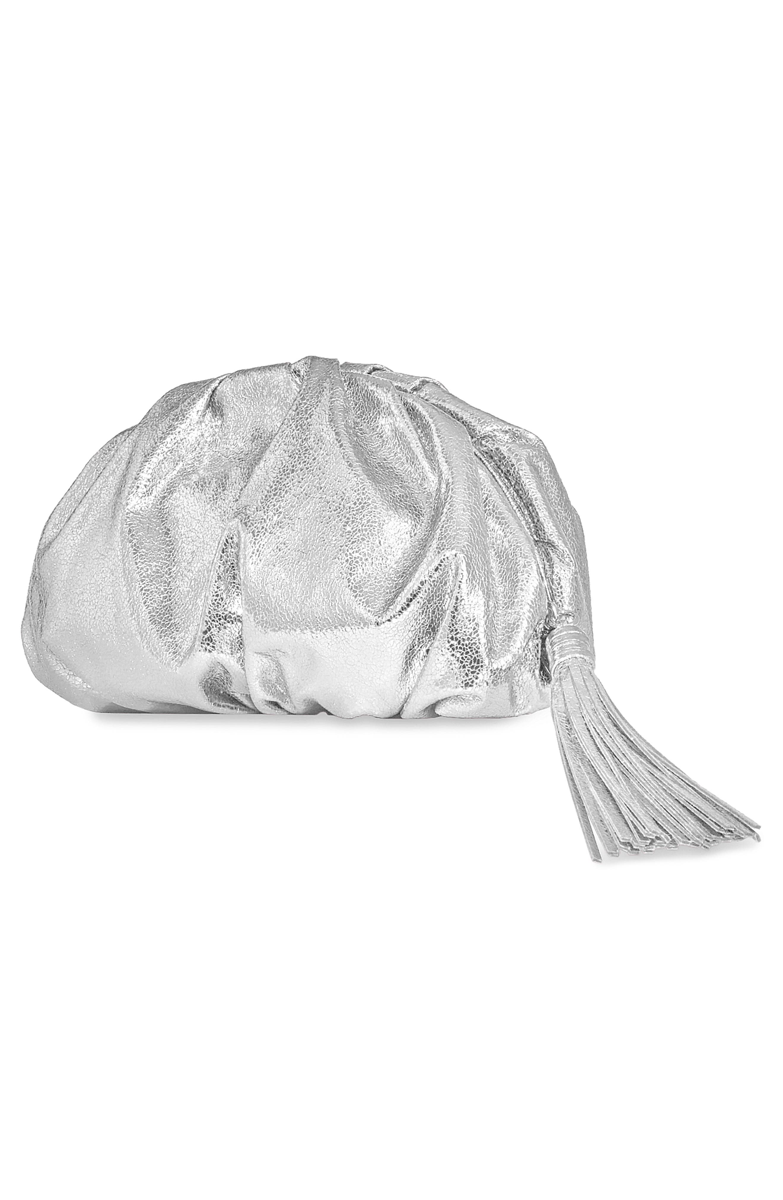 Rebecca Minkoff Ruched Faux Leather Clutch, Alternate, color, Silver