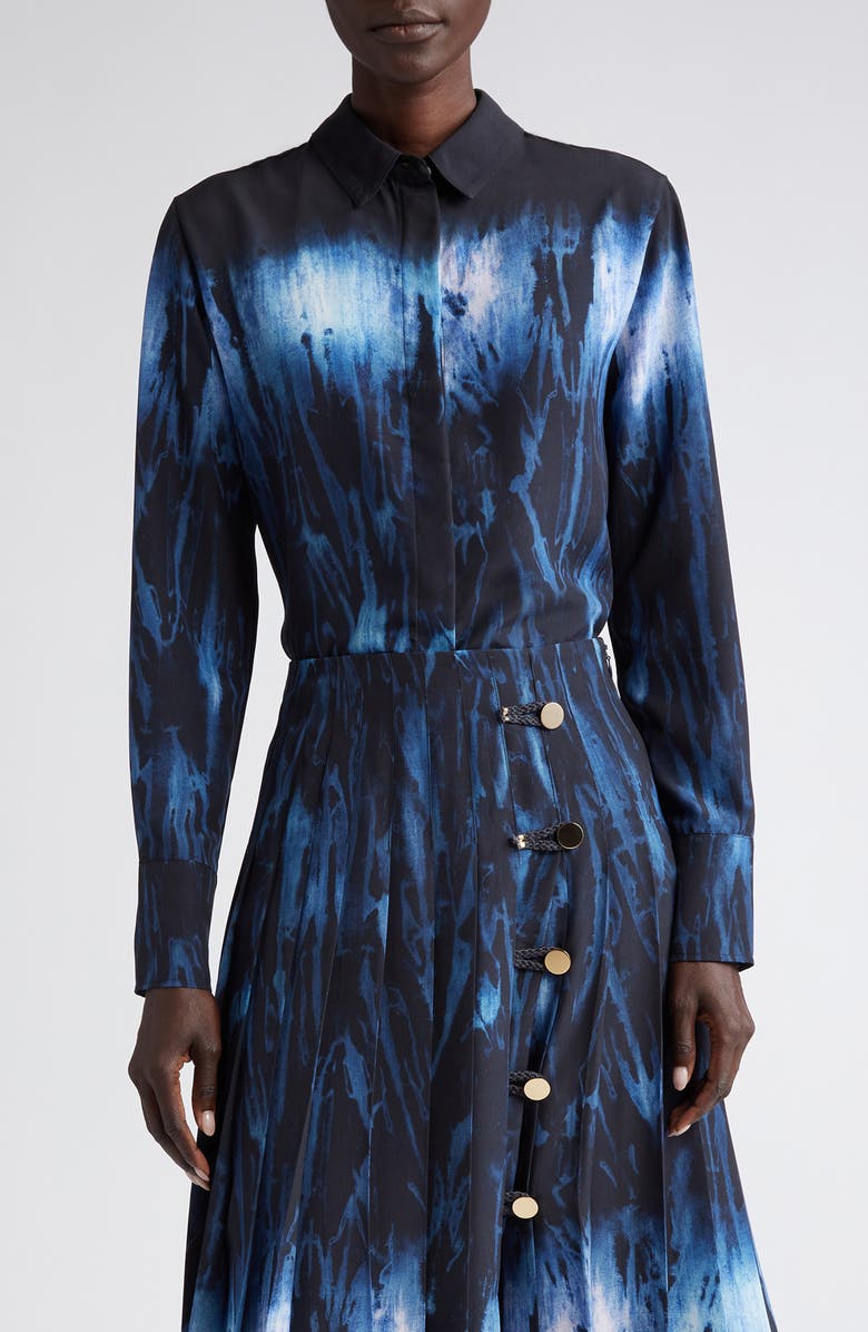 Altuzarra Chika Watercolor Print Silk Shirt, Main, color, Berry Blue Shibori