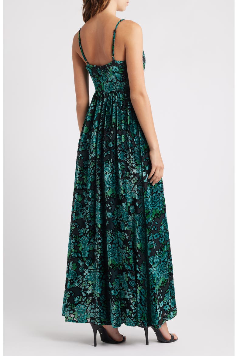 Minka Floral Velvet Burnout Gown, Alternate, color, EMERALD MULTI
