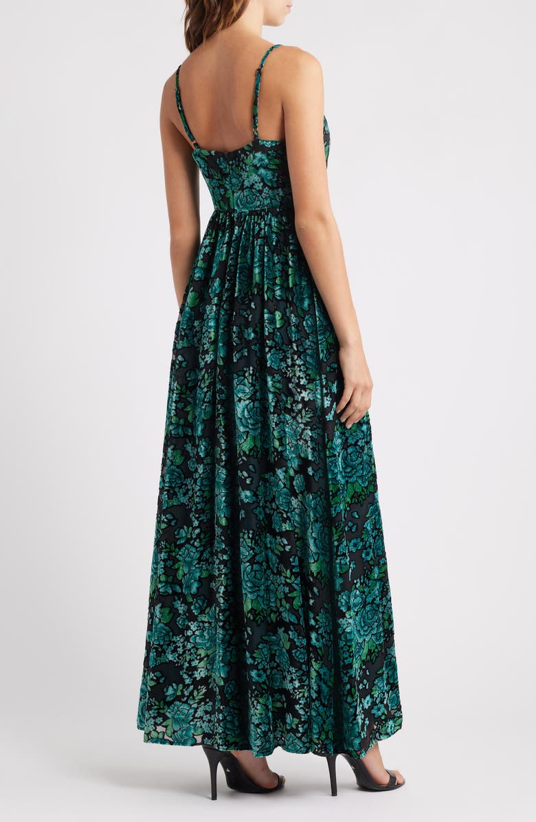Lulus Minka Floral Velvet Burnout Gown, Alternate, color, Emerald Multi