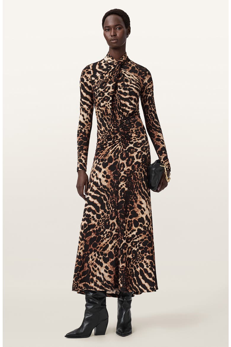 mina printed long sleeve slim fit maxi dress AllSaints mina printed long sleeve maxi dress in black and gold