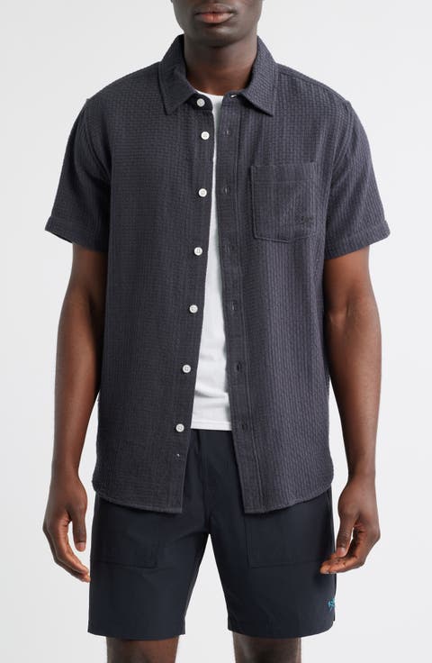 Textured Short Sleeve Cotton Button-Up Shirt