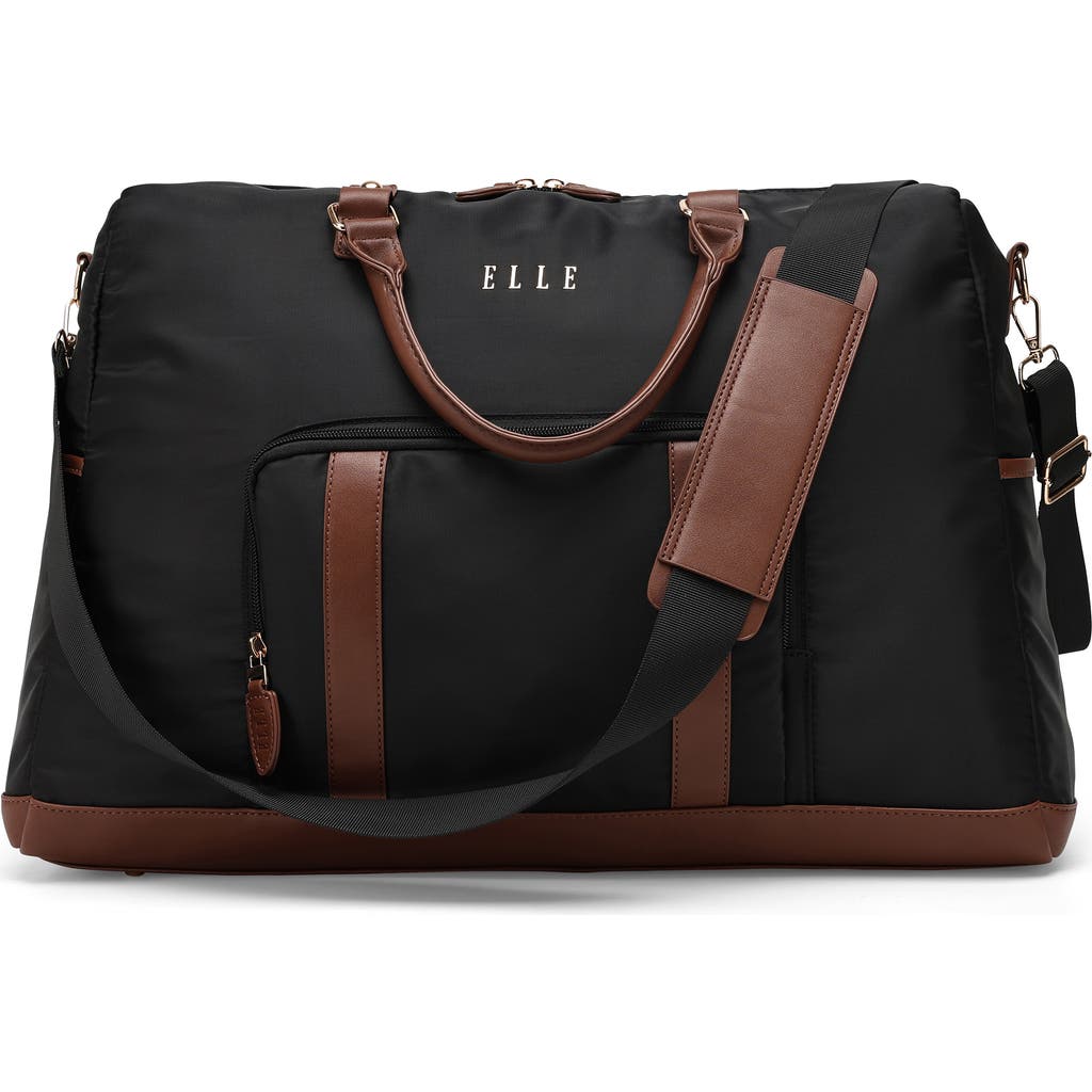 Elle Luxe Journey 30l Twill And Vegan Leather Weekender Duffel Bag In Black