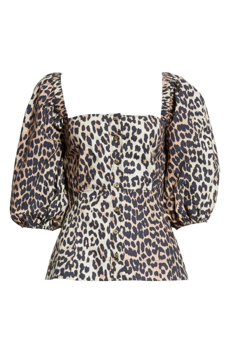 Ganni Leopard Print Puff Sleeve Blouse, Alternate, color, 