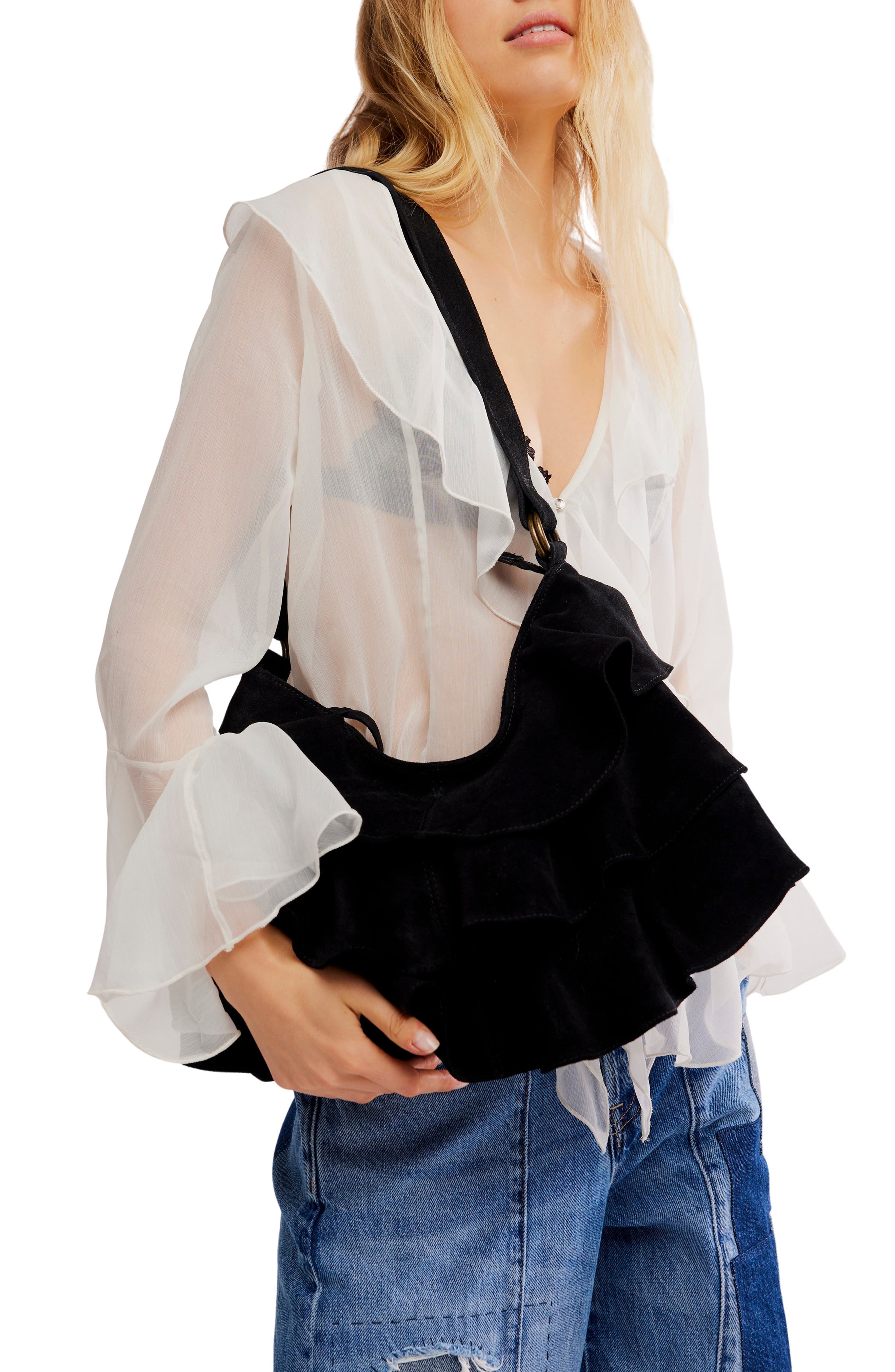 Free People Rae Ruffle Suede Shoulder Bag, Alternate, color, 