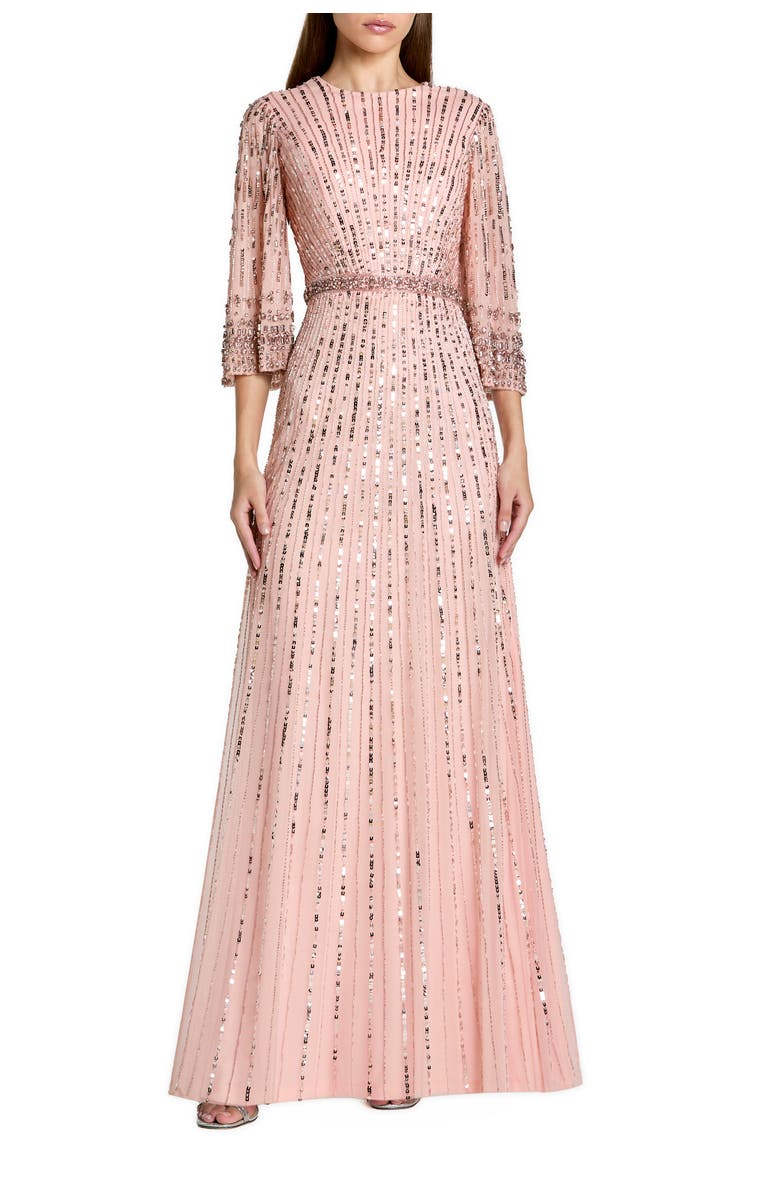 Mac Duggal High Neck Embellished Gown With 3/4 Sleeves, Main, color, Rose