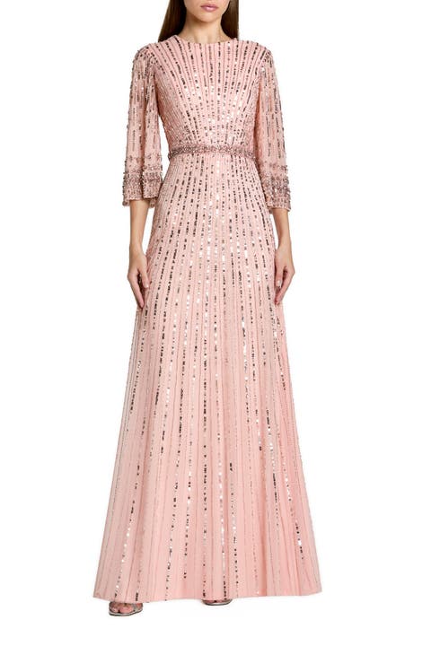 High Neck Embellished Gown With 3/4 Sleeves