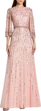 Mac Duggal High Neck Embellished Gown With 3/4 Sleeves