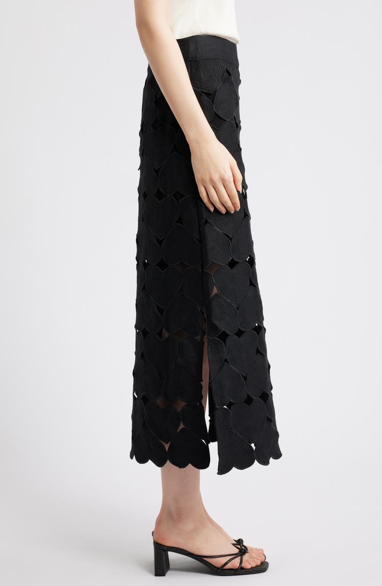 FARM Rio Black Hearts Linen Midi Skirt, Alternate, color, Black