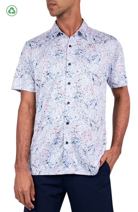 Regular Fit Splatter Print Recycled Performance Golf Button-Down Shirt
