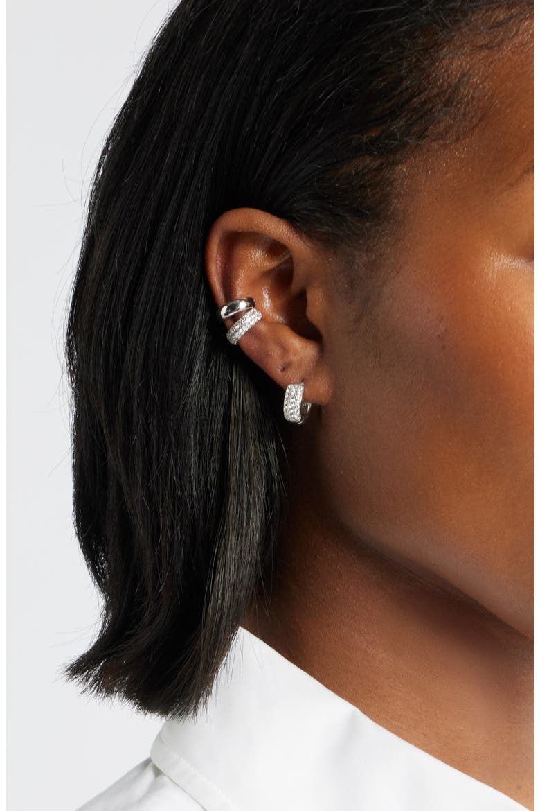 Pavé Cubic Zirconia Huggie & Ear Cuff Set, Alternate, color, CLEAR- SILVER