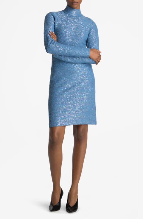 Iridescent Sequin Long Sleeve Back Cutout Sweater Dress
