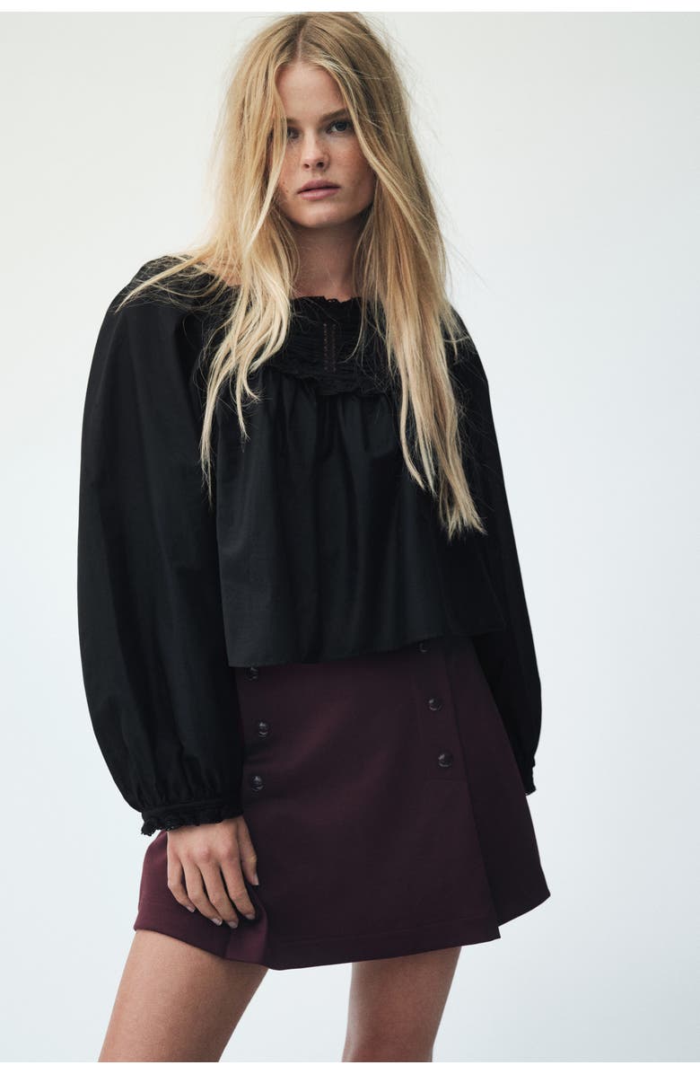 H&M Lace-trimmed Cotton Blouse, Alternate, color, Black