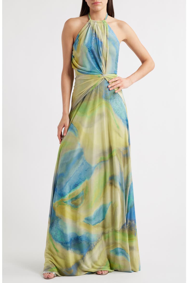 Neriah Abstract Print Halter Neck Mesh Gown, Main, color, BRILLIANT CITRINE