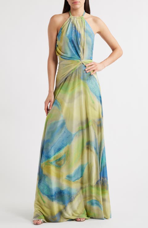 Neriah Abstract Print Halter Neck Mesh Gown
