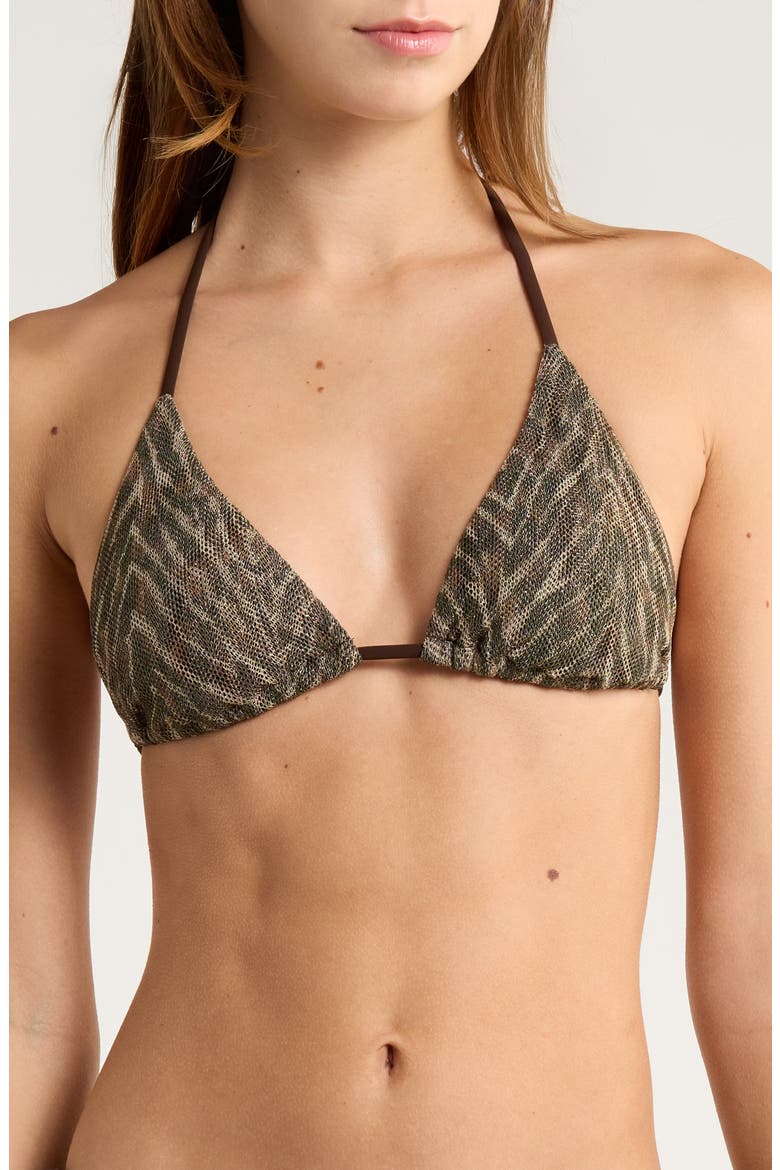 Nikoleta Metallic Print Mesh Triangle Bikini Top, Main, color, BEACH BROWN ZEBRA