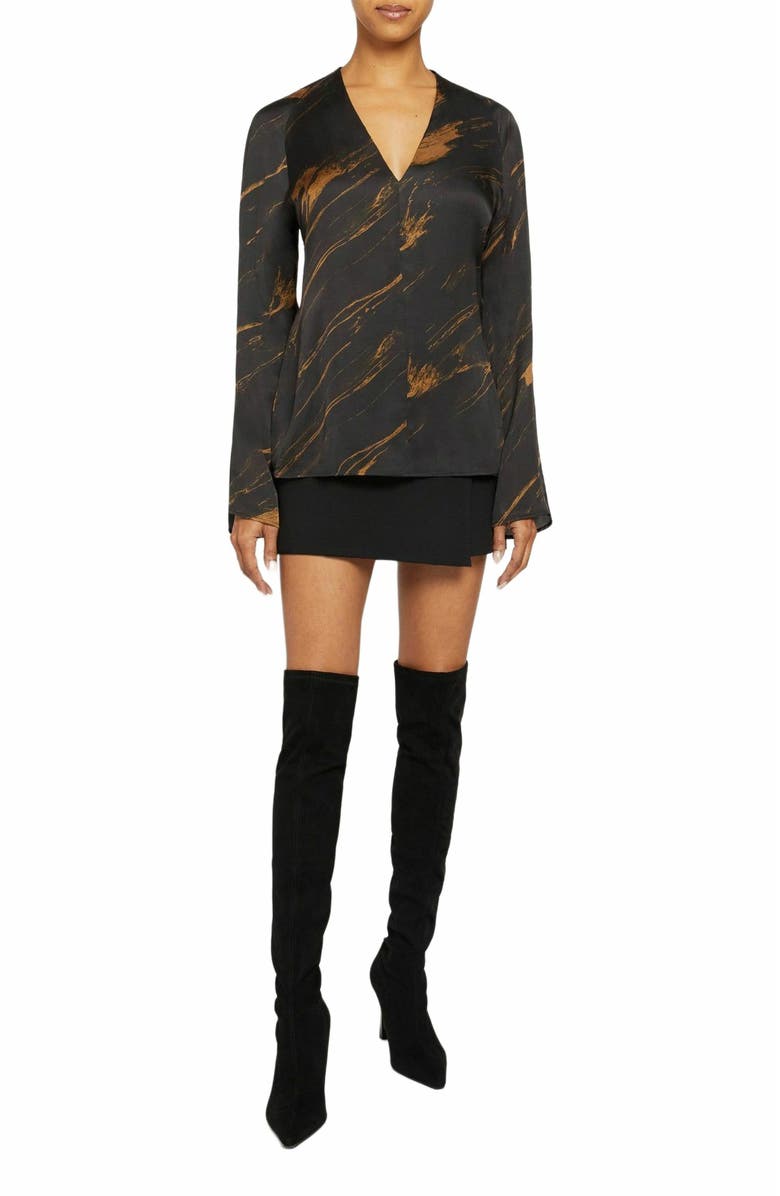 Santorelli ZURI Silk Long Sleeve V-Neck Blouse in Abstract Crepe, Alternate, color,