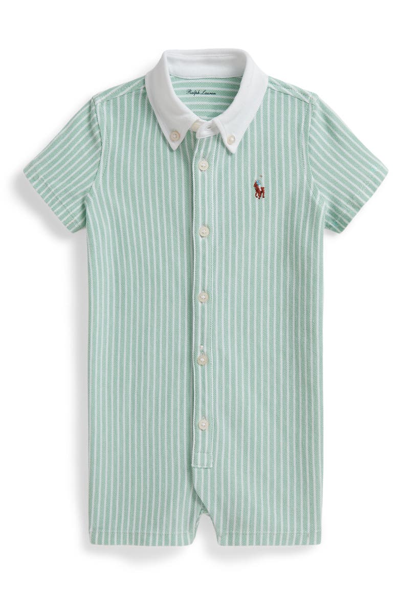 Ralph Lauren Cotton Piqué Romper, Main, color, Celadon Multi