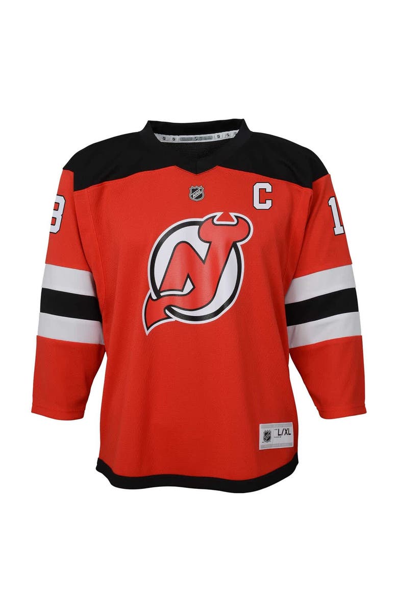 Outerstuff Youth Nico Hischier Red New Jersey Devils Captain Patch Home Replica Player Jersey, Alternate, color, Red