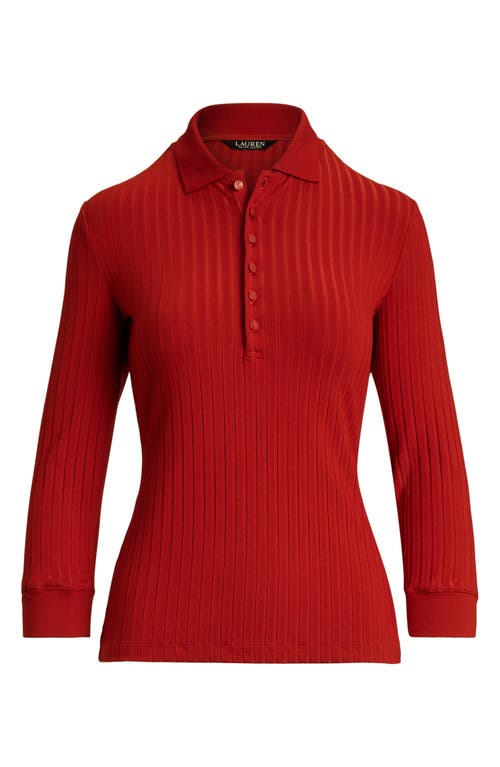 Ralph Lauren Rib-knit Three-quarter-sleeve Polo Shirt In Red