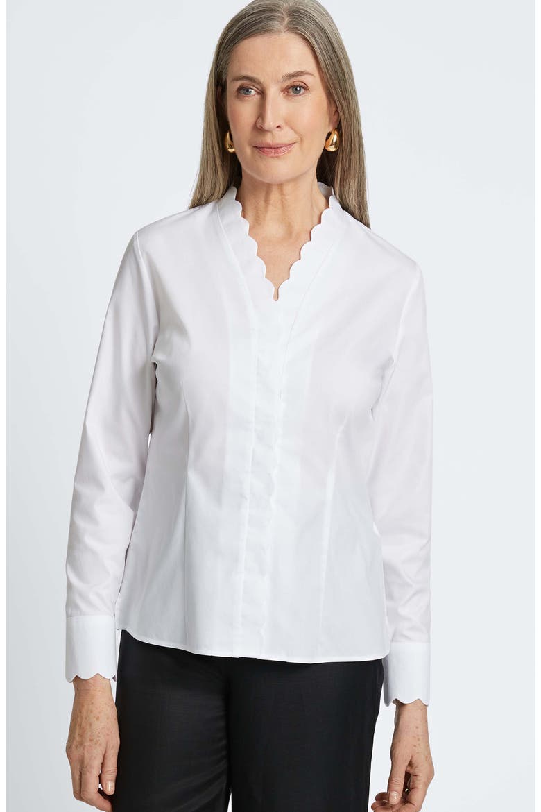 Bridget Scalloped Matte Sateen Button-Up Shirt, Alternate, color, WHITE