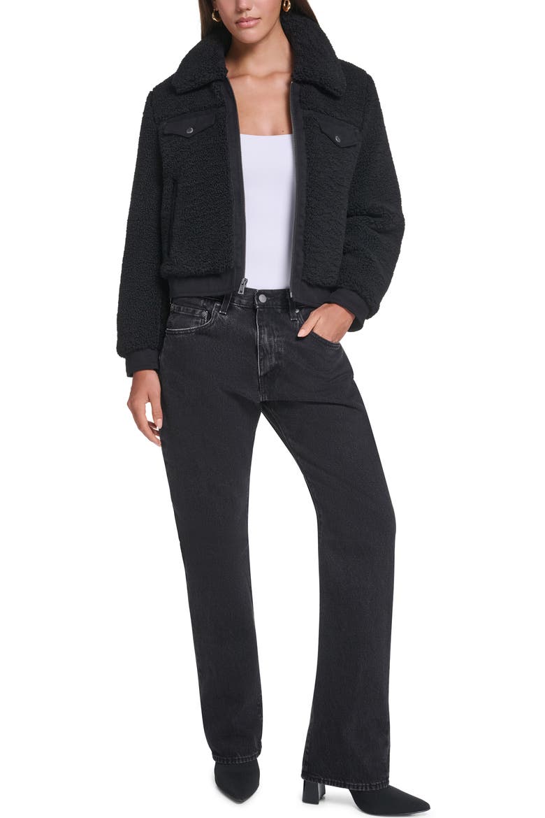 Fleece & Denim Bomber Jacket, Alternate, color, BLACK