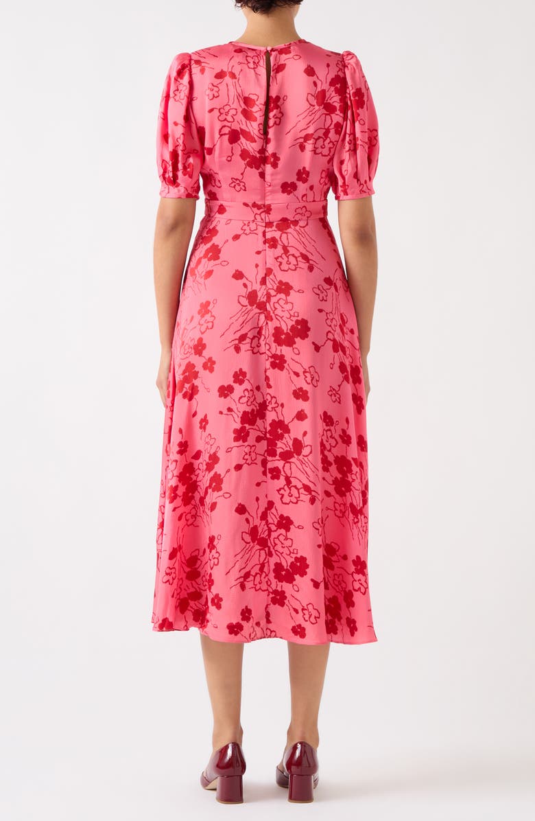 LK Bennett Jem Puff Sleeve Hammered Satin Midi Dress, Alternate, color, Pink