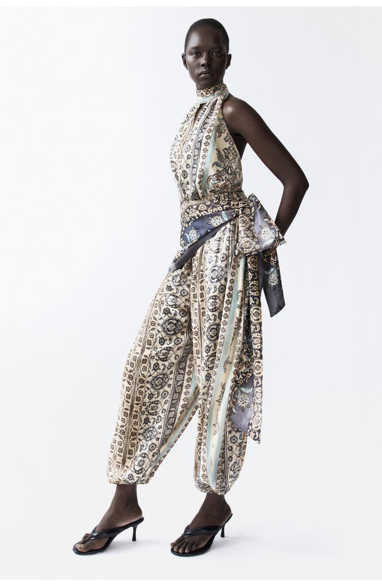 H&M Tie-detail Halterneck Jumpsuit, Main, color, Beige/Floral
