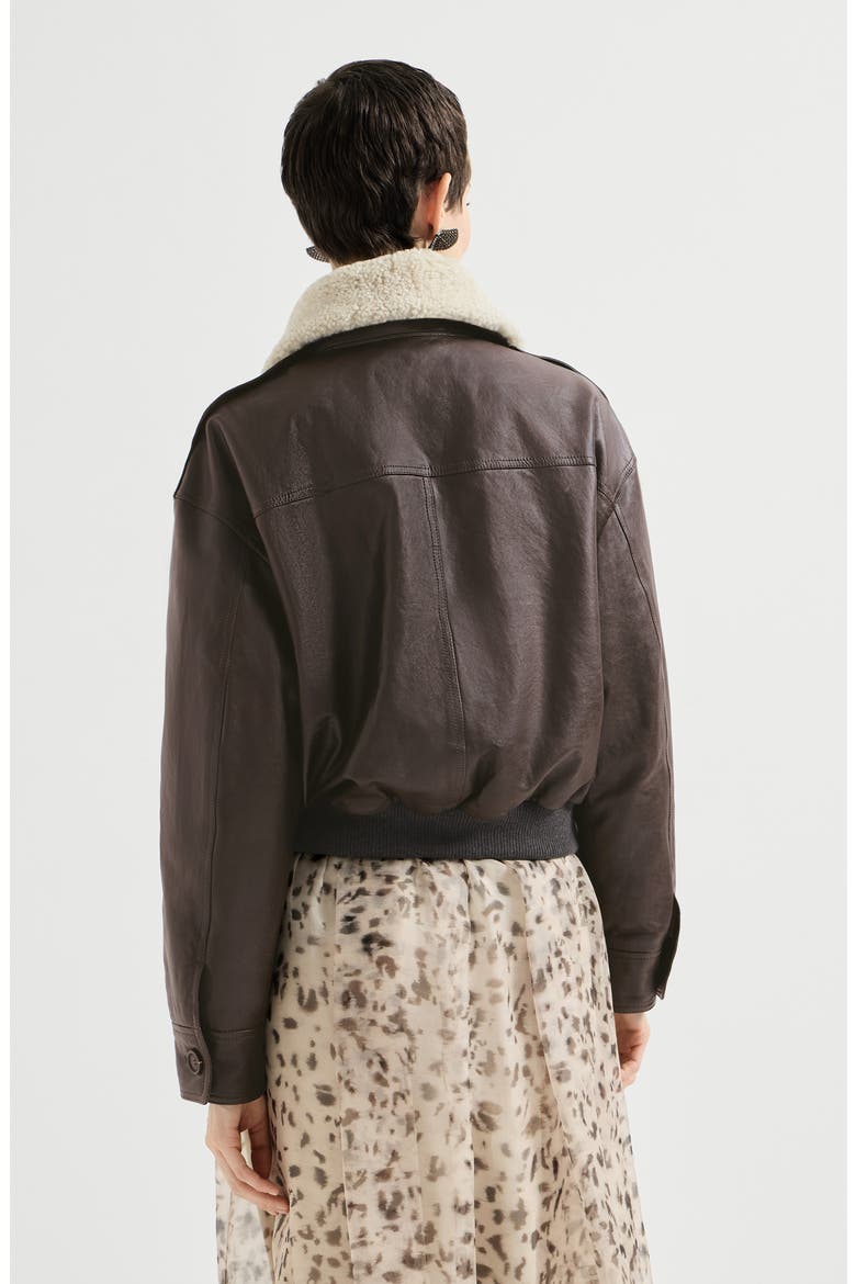 Polished nappa leather aviator jacket with detachable shearling collar and monili, Alternate, color, Coffee