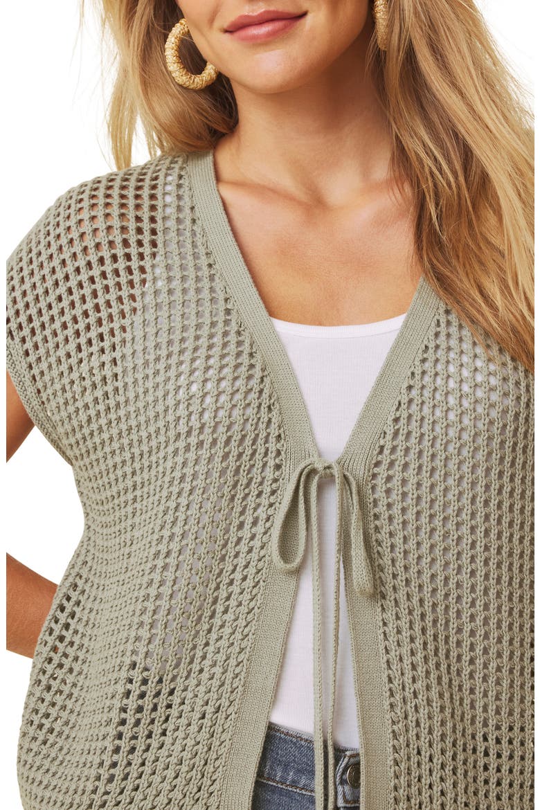 Simona Tie Front Short Sleeve Cardigan, Alternate, color, EUCALYPTUS GREEN