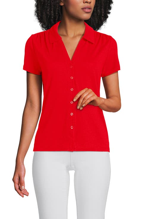 Linen Blend Short Sleeve Button Front Polo Top
