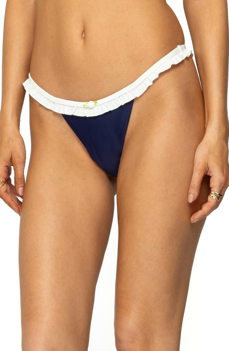EDIKTED Kellie Ruffle Bikini Bottoms, Alternate, color, Navy
