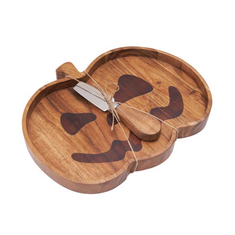 Halloween Pumpkin Mango Wood Serving Board w/ Spreader Set of 2