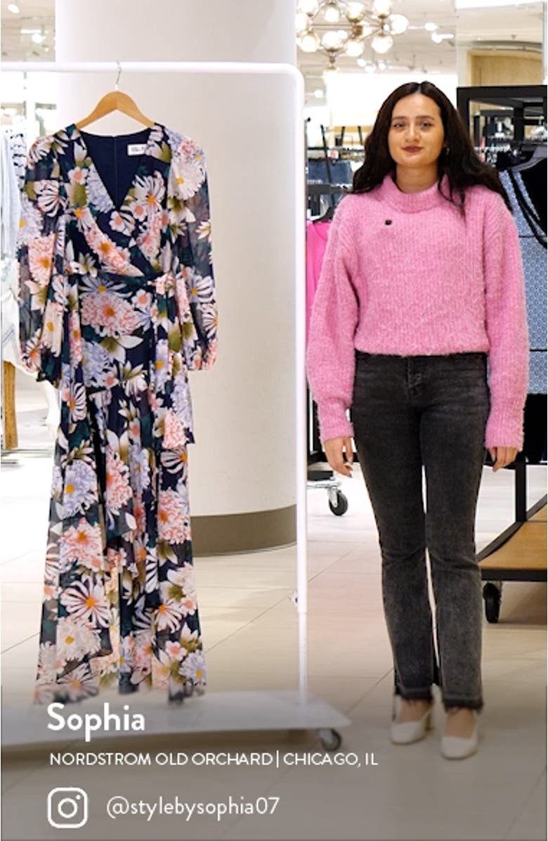 Floral Long Sleeve High-Low Faux Wrap Dress, sales video thumbnail