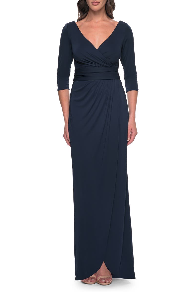 Simple Chic Jersey Dress with Ruched Waist and V Neckline, Main, color, Navy