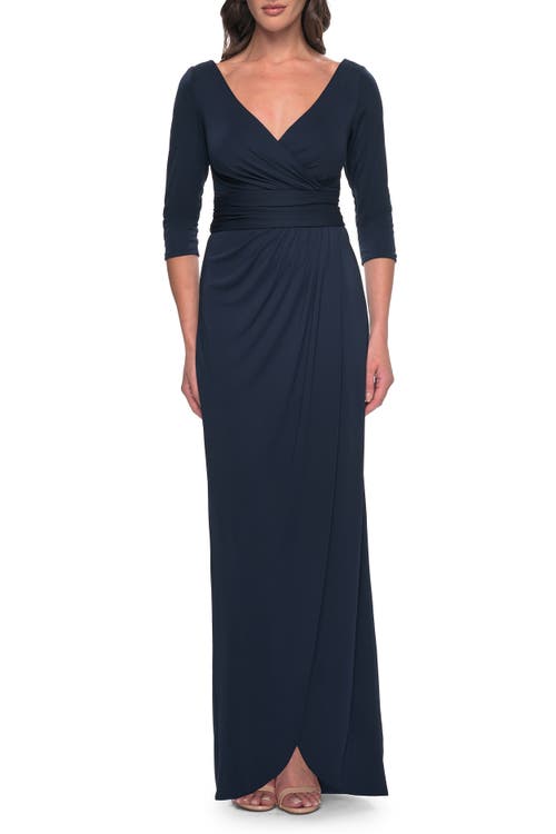 La Femme Simple Chic Jersey Dress With Ruched Waist And V Neckline In Navy