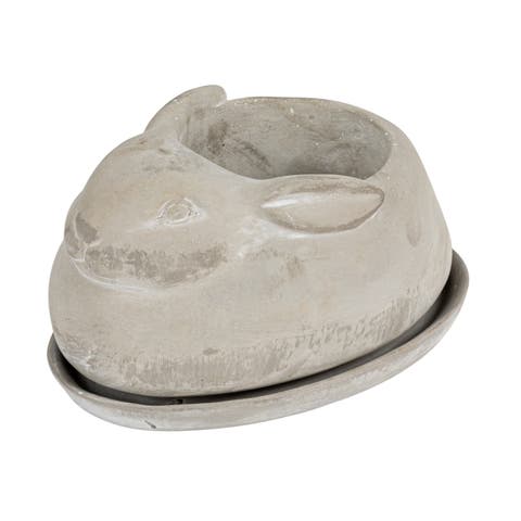 Cement Rabbit Planter with Saucer Set, Grey