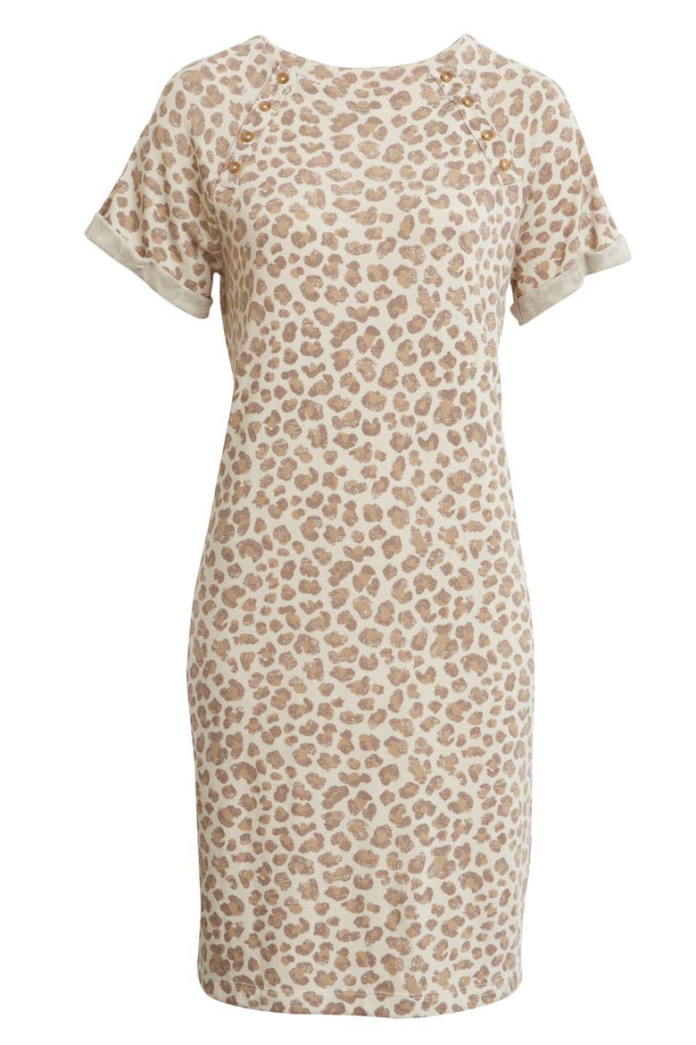 Button Detail T-Shirt Dress, Main, color, BEIGE OYSTER LEOPARD DISTRESS