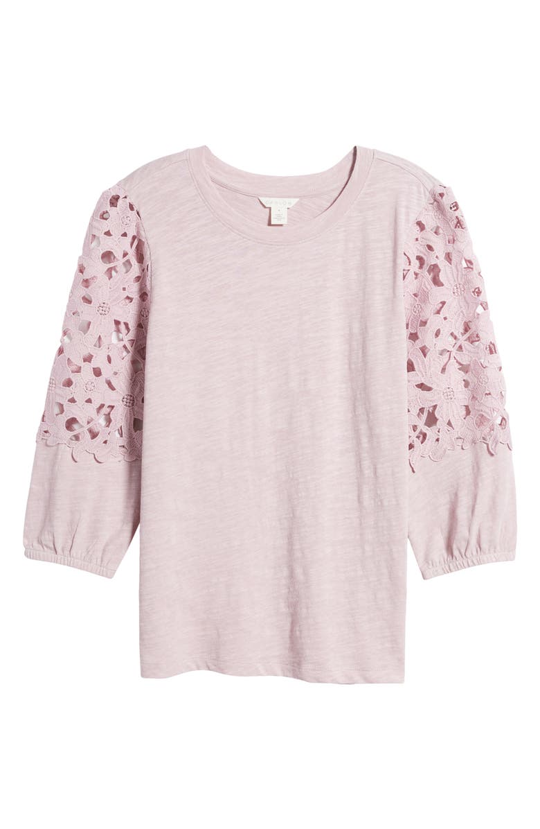 Caslon<sup>®</sup> Lace Sleeve Mixed Media Cotton Blend Top, Alternate, color,