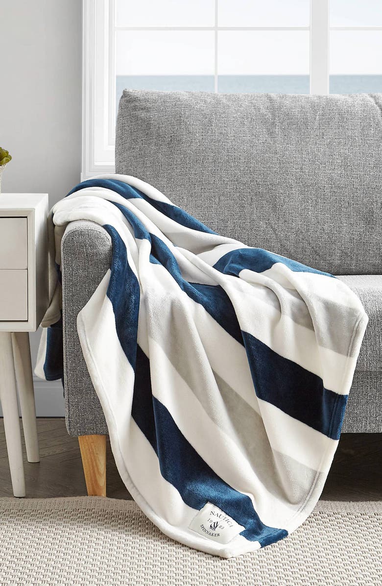 Nautica Awning Stripe Throw Blanket - Captains Blue, Alternate, color, 