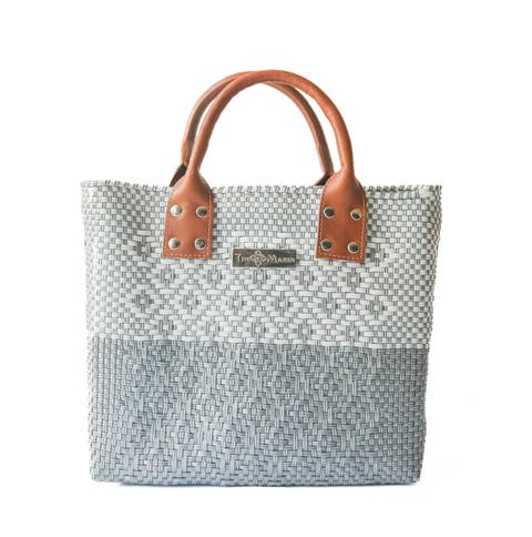 Grey Large Woven Crossbody Bag - Tan Leather