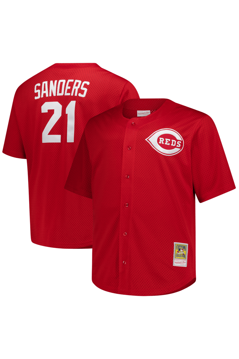 Men's Mitchell & Ness Deion Sanders Red Cincinnati Reds Big & Tall Cooperstown Mesh Batting Practice Jersey, Main, color, Red