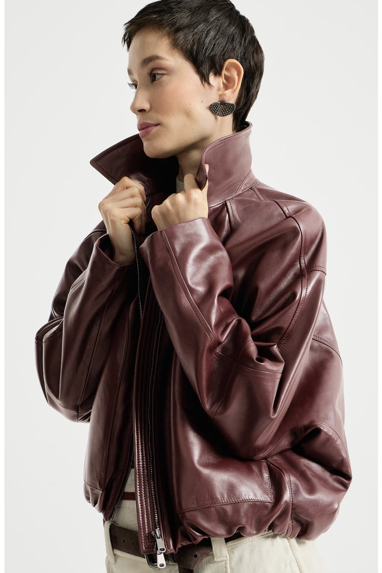 Nappa leather outerwear jacket with drawstring and monili, Alternate, color, Burgundy