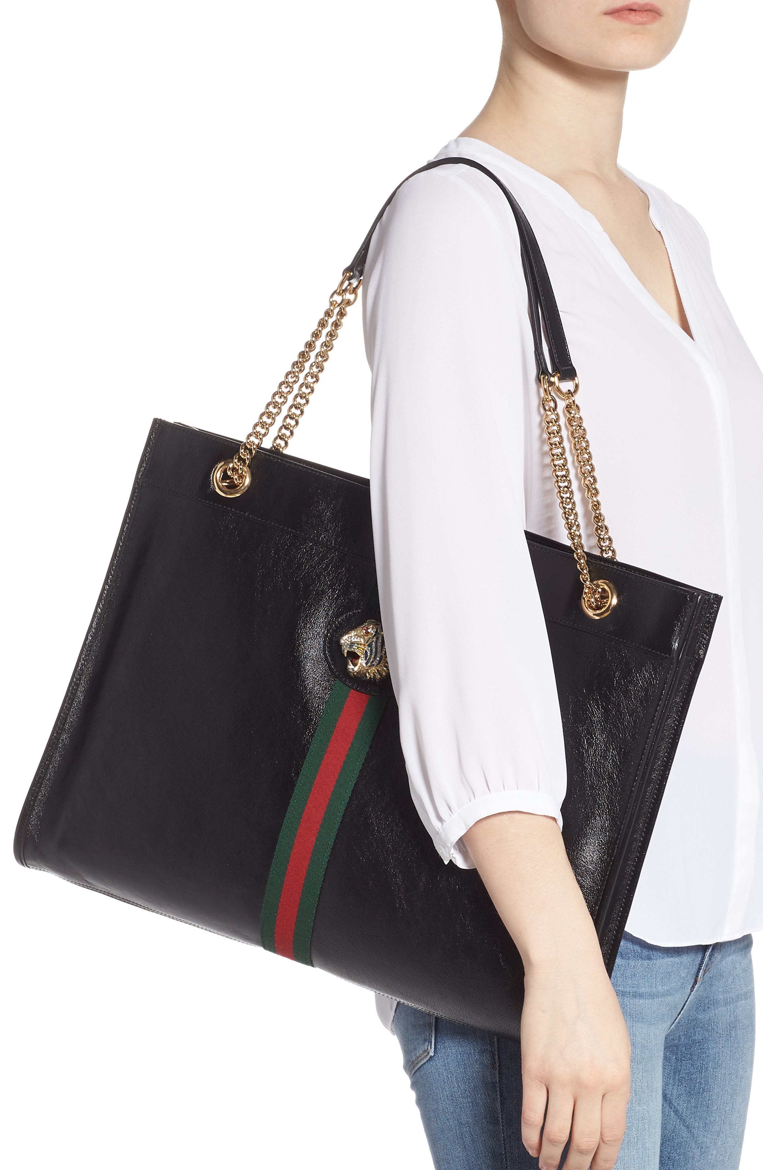 Large Leather Tote, Alternate, color, NERO/ VERT RED MULTI