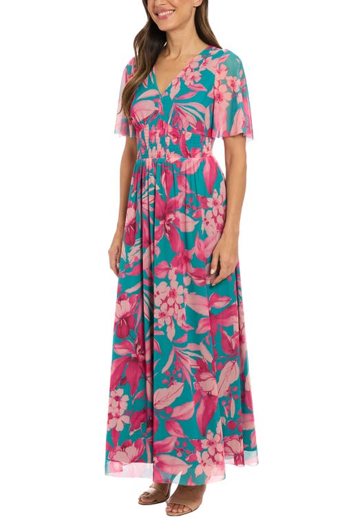 London Times Floral Smocked Flutter Sleeve Mesh Maxi Dress In Blue/pink