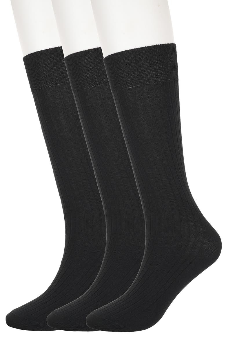 3-Pack Solid Ribbed Crew Socks, Main, color, BLACK