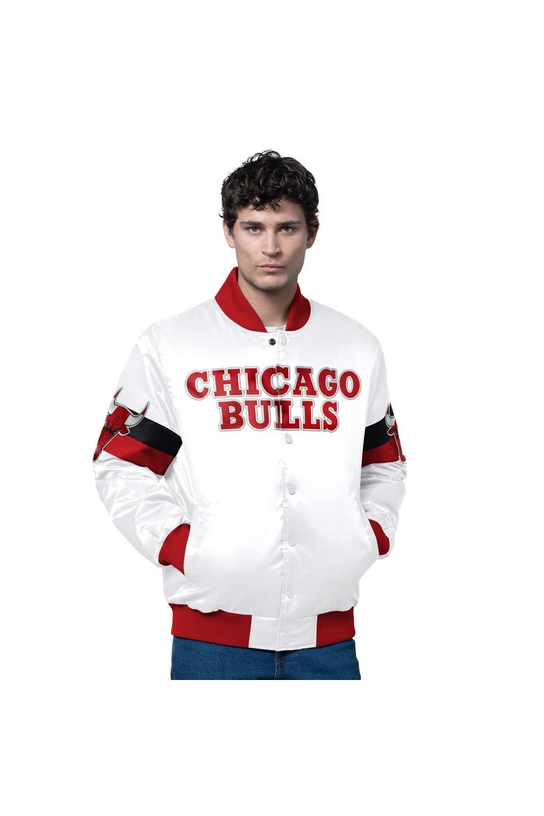 Men's Starter White Chicago Bulls Triple Option Varsity Full-Snap Satin Jacket, Main, color, White