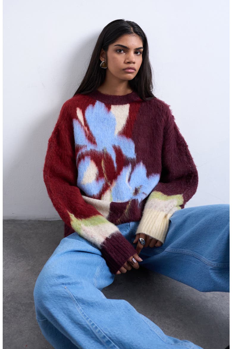 Blurred Floral Fuzzy Sweater, Alternate, color, BURGUNDY