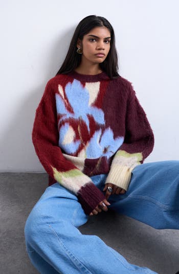 Blurred Floral Fuzzy Sweater