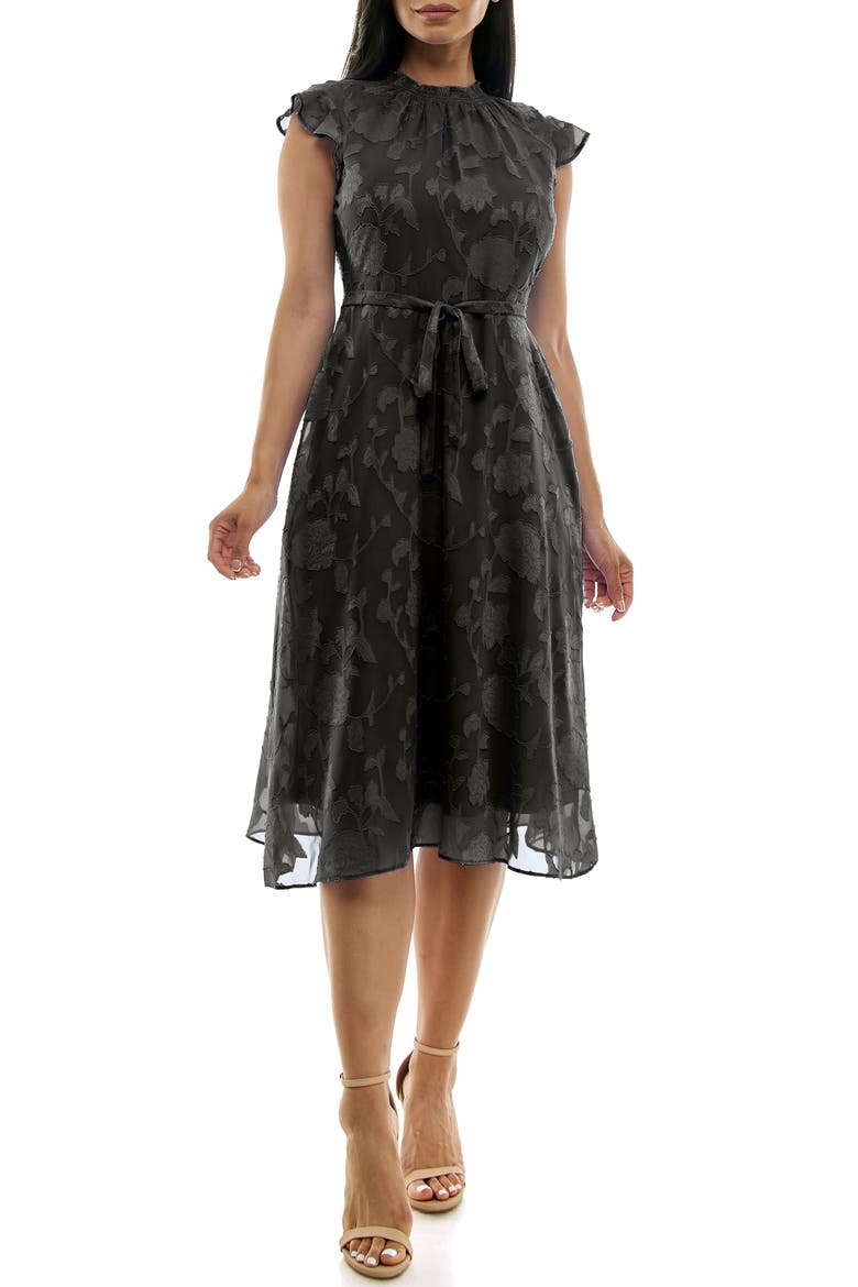 Mock Neck Flutter Sleeve Midi Dress, Main, color, BLACK